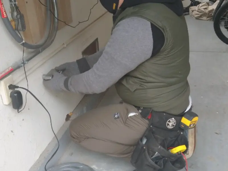 Electrician performing outlet wiring in a Homeland Park garage